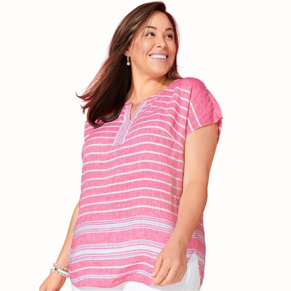 Talbots Pink White Striped Linen Top XL Lightweight Split Neck Short Sleeve